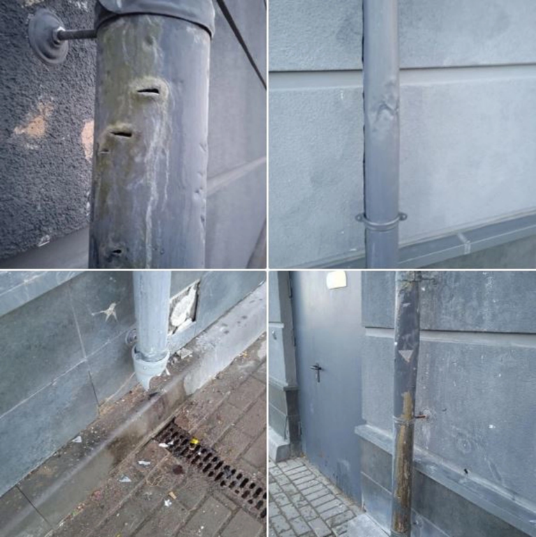Петербургские коммунальщики повредили водосточную трубу при уборке наледи в Невском районе